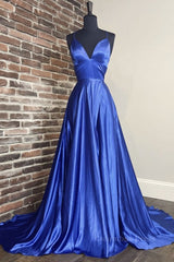 Simple blue v neck satin long Corset Prom dress blue evening dress outfit, Homecoming Dress 2028