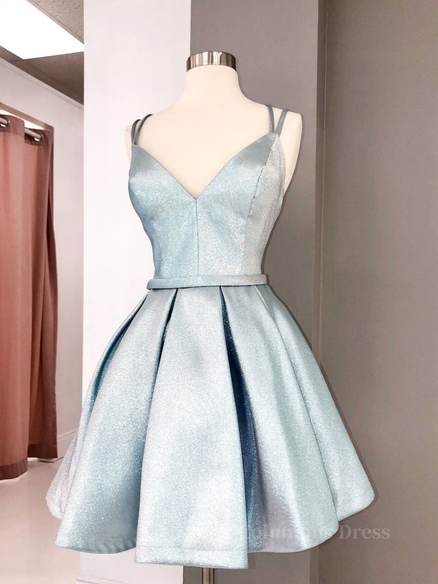 Simple blue v neck satin short Corset Prom dress, blue Corset Homecoming dress outfit, Homecoming Dress Tight