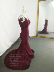 Simple Burgundy Mermaid Long Corset Prom Dress, Burgundy Evening Dress outfit, Prom Dresses Off Shoulder