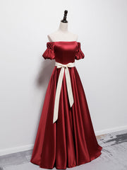 Simple Burgundy Satin Long Corset Prom Dress Burgundy Corset Bridesmaid Dress outfit, Evening Dresses Red