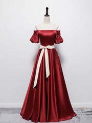 Simple Burgundy Satin Long Corset Prom Dress Burgundy Corset Bridesmaid Dress outfit, Evening Dresses Fitted