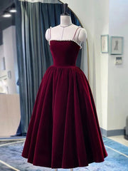 Simple burgundy tea length Corset Prom dress, burgundy Corset Homecoming dress outfit, Girlie Dress