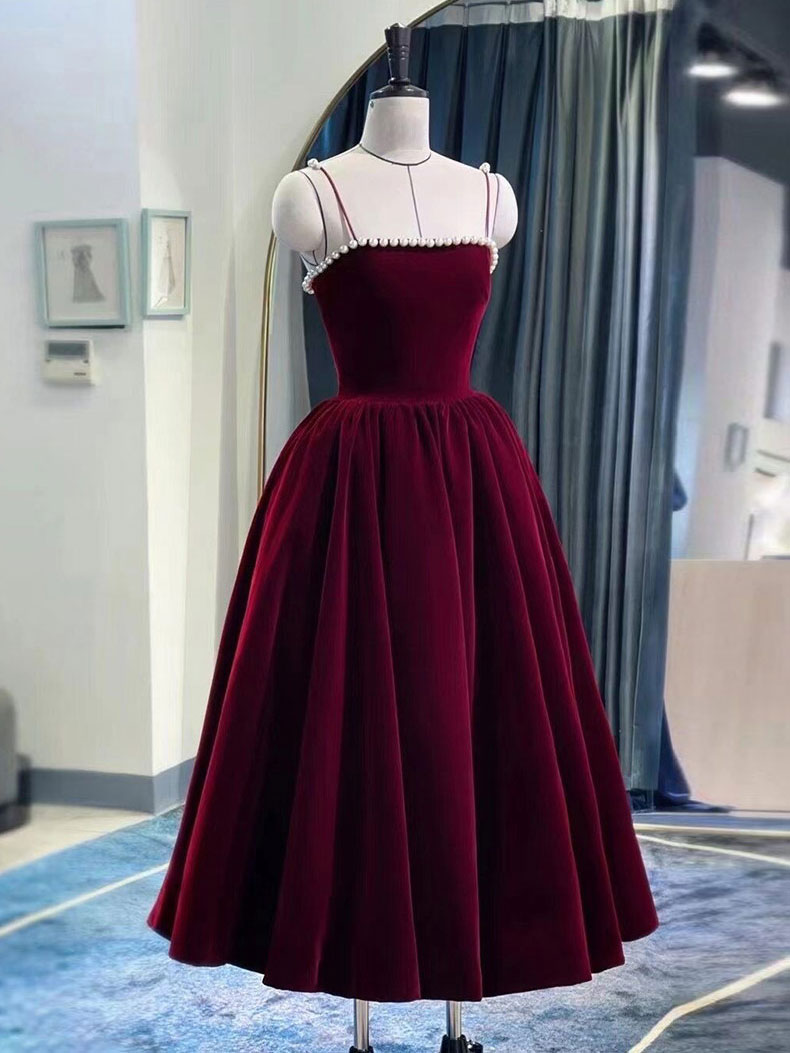 Simple burgundy tea length Corset Prom dress, burgundy Corset Homecoming dress outfit, Slip Dress Outfit