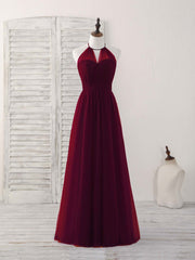 Simple Burgundy Tulle Long Corset Prom Dress, Burgundy Corset Bridesmaid Dress outfit, Bridesmaid Dresses Different Styles