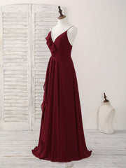 Simple Burgundy V Neck Chiffon Long Corset Prom Dress, Corset Bridesmaid Dress outfit, Small Wedding Ideas