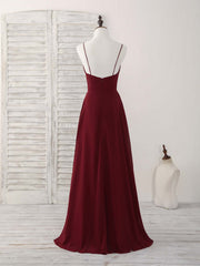 Simple Burgundy V Neck Chiffon Long Corset Prom Dress, Corset Bridesmaid Dress outfit, Plu Size Wedding Dress
