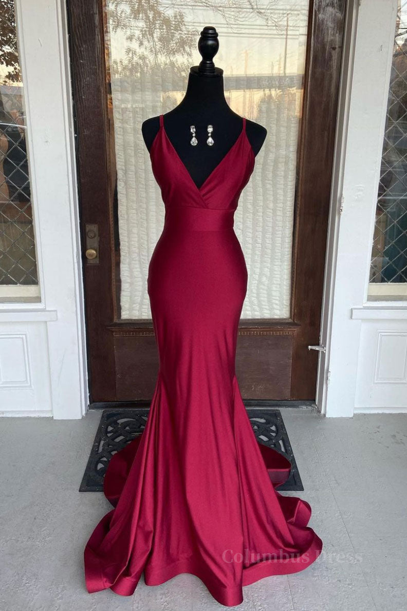 Simple burgundy v neck satin mermaid long Corset Prom dress burgundy evening dress outfit, Homecomming Dresses Lace