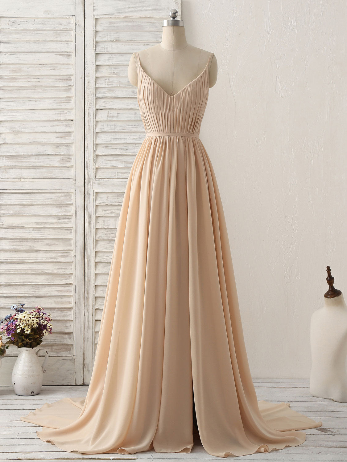 Simple Champagne Long Corset Prom Dresses V Neck Chiffon Corset Bridesmaid Dress outfit, Formal Dresses For Wedding Guest