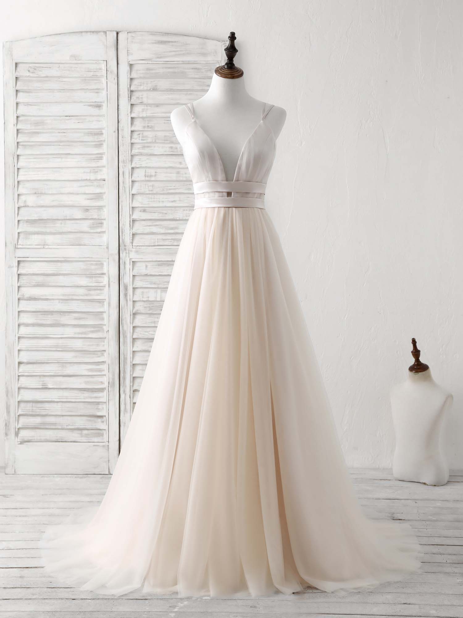 Simple Champagne Tulle Long Corset Prom Dress Tulle Evening Dress outfit, Bridesmaid Dress Shops Near Me