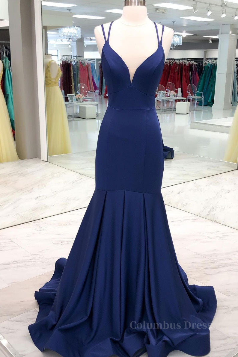 Simple dark blue satin long Corset Prom dress blue evening dress outfit, Homecoming Dresses Short Prom