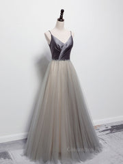 Simple gray v neck tulle long Corset Prom dress, gray tulle Corset Formal dress outfit, Prom Dresses Off The Shoulder