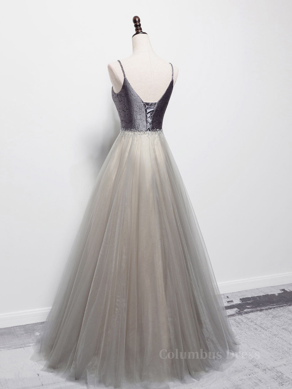 Simple gray v neck tulle long Corset Prom dress, gray tulle Corset For ...