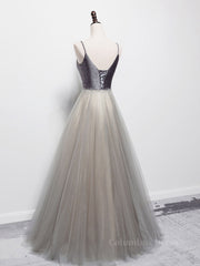 Simple gray v neck tulle long Corset Prom dress, gray tulle Corset Formal dress outfit, Prom Dress Classy