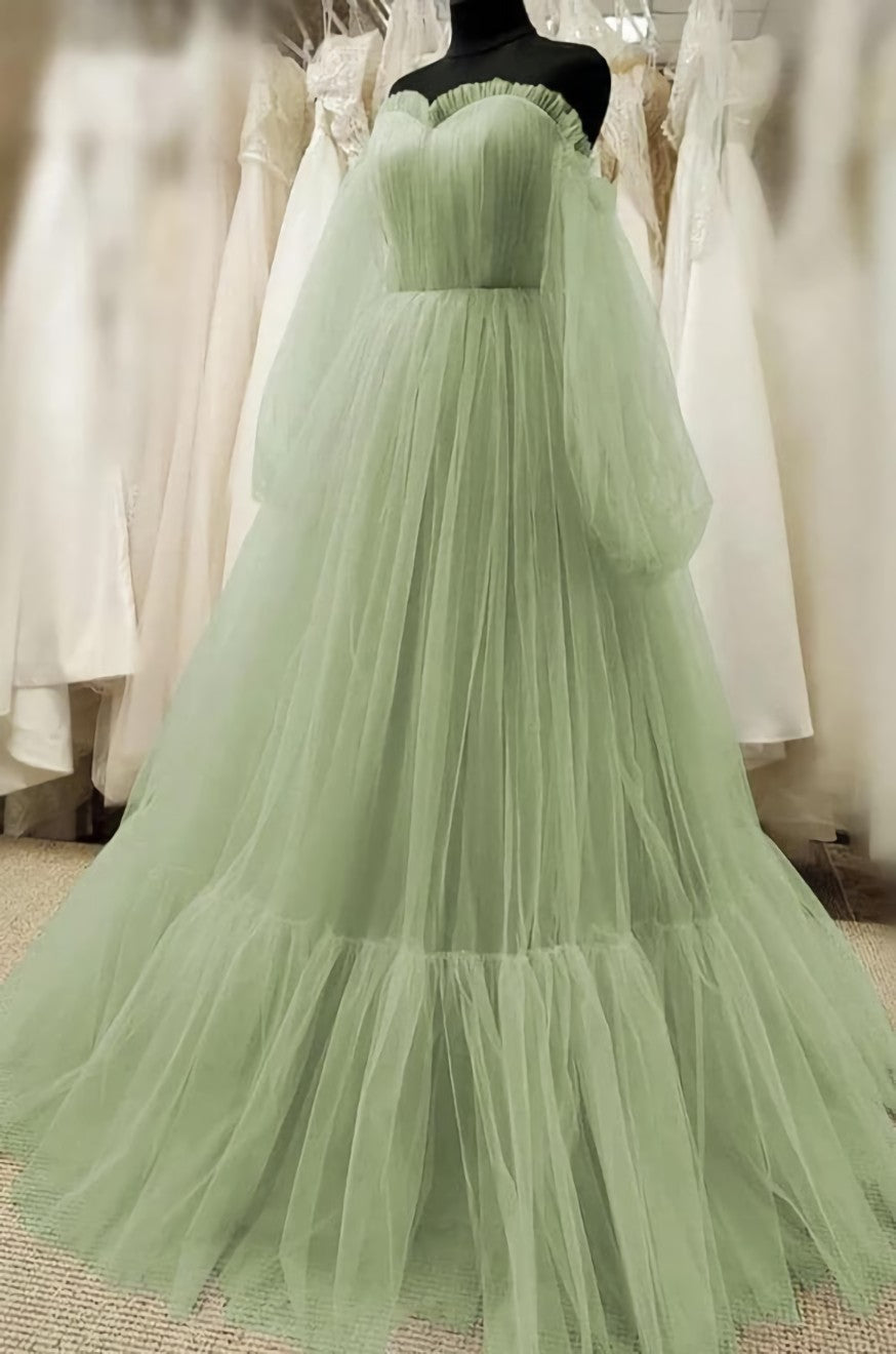 Simple Green Tulle Corset Prom Dress with Bishop Sleeves,Dresses for Party Events outfit, Wedding Decor
