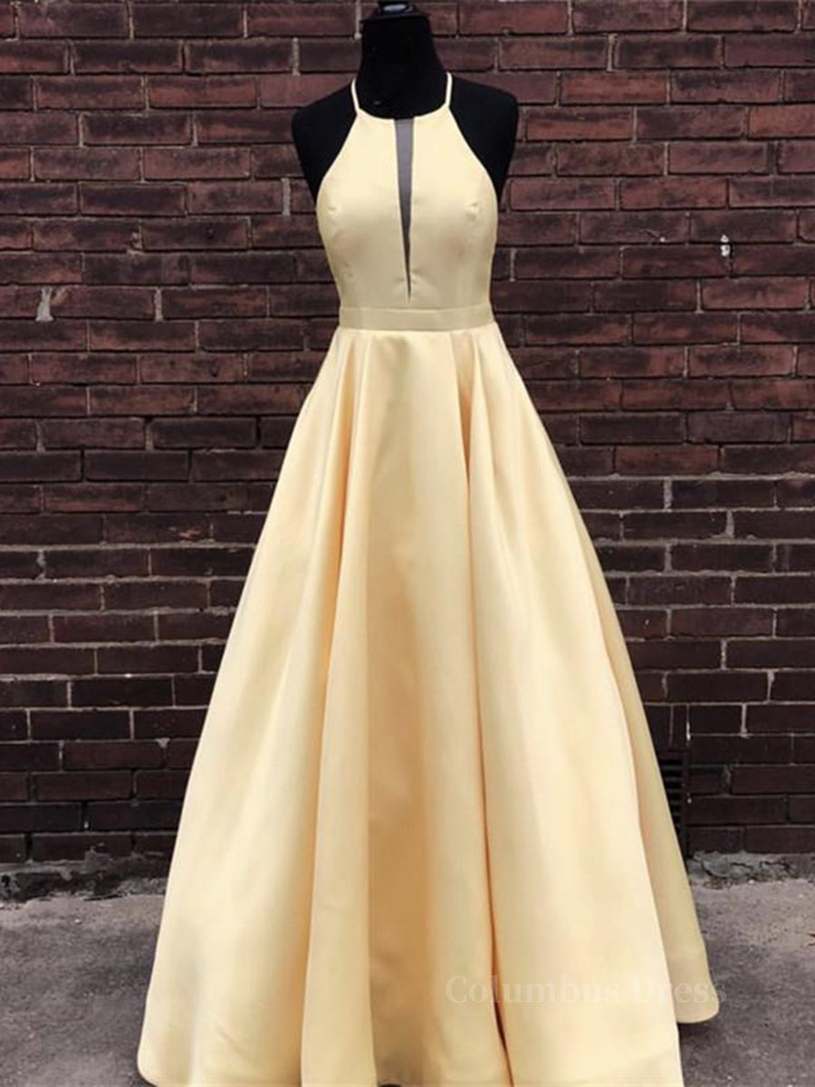 Simple Halter Yellow Satin Long Corset Prom Dresses 2024, Yellow Corset Formal Dresses Long Evening Dresses outfit, Bridesmaids Dresses Mismatched