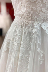 Simple Long A-line Tulle Lace V Neck Appliques Lace Open Back Corset Wedding Dress outfit, Wedding Dresses With Pockets