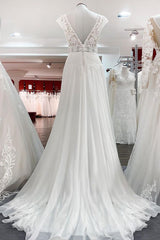 Simple Long A-line V-neck Tulle Appliques Lace Corset Wedding Dress outfit, Wedding Dress Simpl