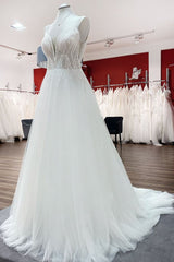Simple Long V-neck Sequins Ruffles A-line Tulle Backless Corset Wedding Dress outfit, Wedding Dress With Lacing
