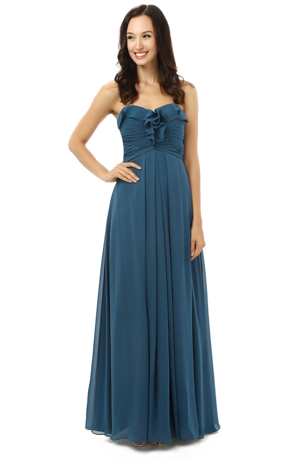 Simple Navy Blue Chiffon Sweetheart Floor Length Corset Bridesmaid Dresses outfit, Prom Shoes