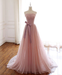Simple Pink Fashionable Scoop Tulle Long Corset Wedding Party Dress with Bow, Pink Long Corset Formal Dress outfit, Wedding Dress With Sleeves Lace