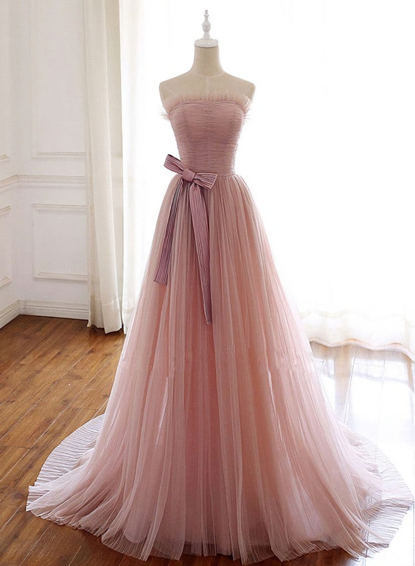 Simple Pink Fashionable Scoop Tulle Long Corset Wedding Party Dress with Bow, Pink Long Corset Formal Dress outfit, Wedding Dress Classic