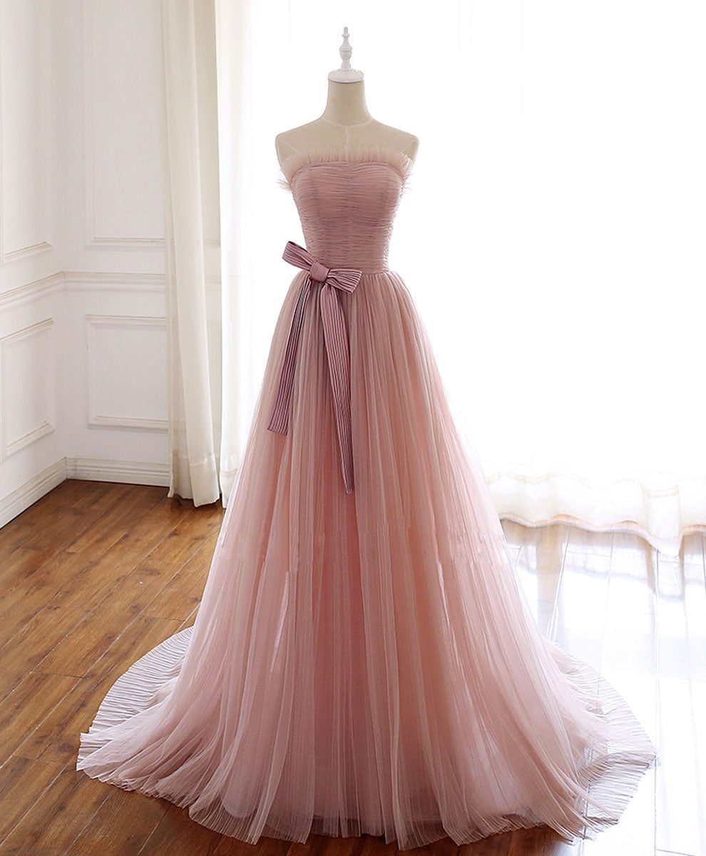 Simple Pink Tulle Long Corset Prom Dress, Aline Pink Tulle Corset Formal Party Dresses outfit, Evening Dress Sleeves