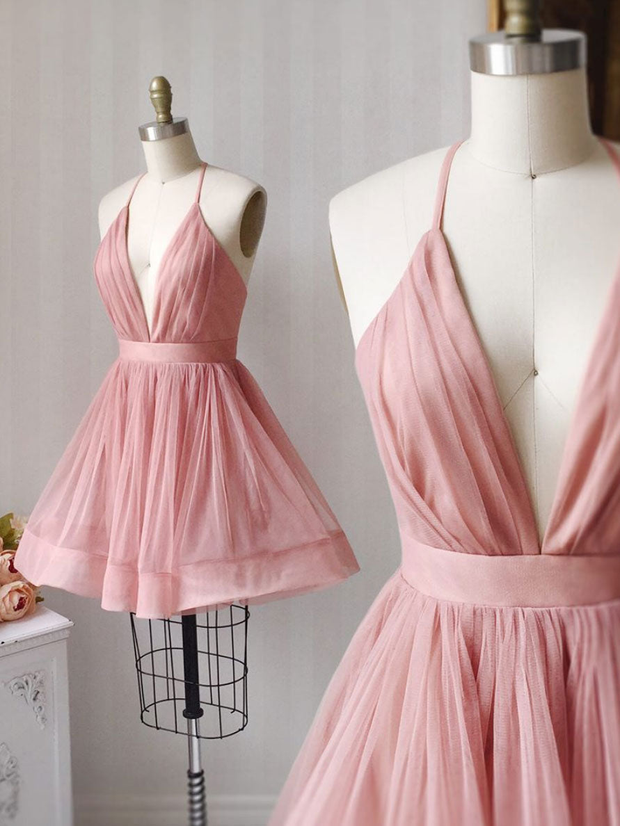 Simple Pink Tulle Short Corset Prom Dress, Aline Pink Corset Bridesmaid Dress outfit, Homecoming Dresses Aesthetic