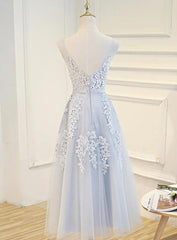 Simple Pretty Light Grey Tea Length Corset Prom Dress, Tea Length Corset Bridesmaid Dress outfit, Senior Prom Dress