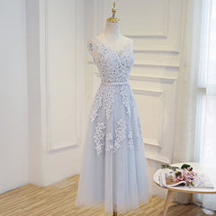 Simple Pretty Light Grey Tea Length Corset Prom Dress, Tea Length Corset Bridesmaid Dress outfit, Elegant Gown