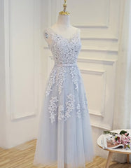 Simple Pretty Light Grey Tea Length Corset Prom Dress, Tea Length Corset Bridesmaid Dress outfit, Flowy Prom Dress