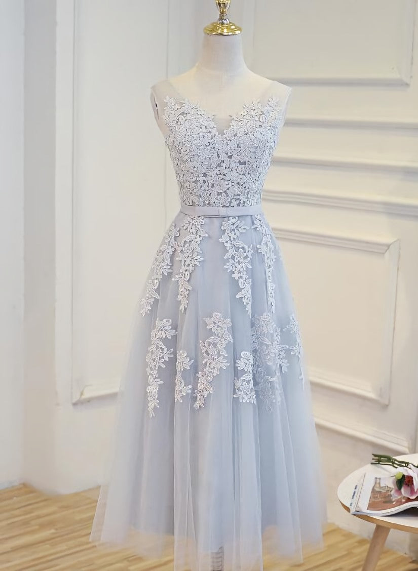 Simple Pretty Light Grey Tea Length Corset Prom Dress, Tea Length Corset Bridesmaid Dress outfit, Gorgeou Dress