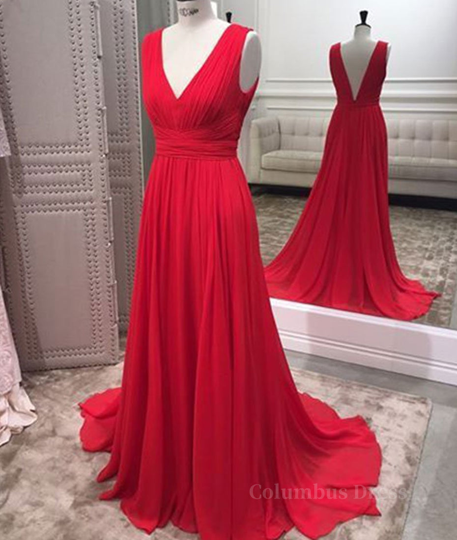 Simple Red V Neck and V Back Chiffon Long Corset Prom Dress, V Neck Red Long Evening Dress, Red Corset Formal Dress, Graduation Dress outfits, Bridesmaids Dresses Under 103