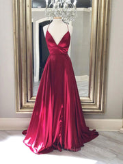 Simple red v neck satin long Corset Prom dress, red evening dress outfit, Homecomming Dresses Black