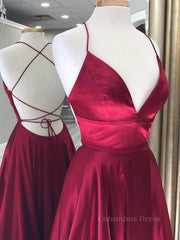 Simple red v neck satin long Corset Prom dress, red evening dress outfit, Homecoming Dresses Pink