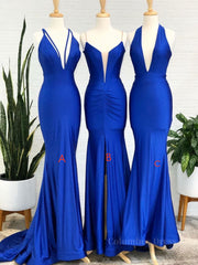 Simple Royal blue v neck mermaid long Corset Prom dress blue evening dress outfit, Homecoming Dress Short Prom