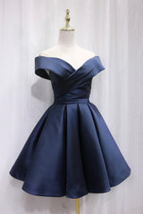 Simple Satin Short Corset Prom Dress, Off Shoulder Blue Party Dress Outfits, Formal Dress Long