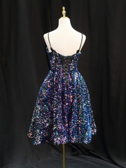 Simple Sequin Blue Short Corset Prom Dress, Blue Corset Homecoming Dress outfit, Evening Dress Designer