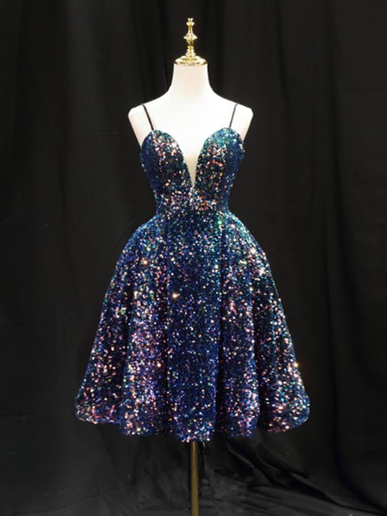 Simple Sequin Blue Short Corset Prom Dress, Blue Corset Homecoming Dress outfit, Evening Dress Designers
