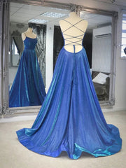 Simple Shiny Backless Blue Long Corset Prom Dresses, A Line Blue Open Back Long Corset Formal Evening Dresses outfit, Prom Dresses Mermaid
