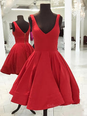 Simple Short V Neck Red Satin Corset Prom Dresses, Short Red Corset Formal Corset Homecoming Dresses outfit, Bridesmaid Dress Peach