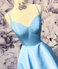 Simple sweetheart blue satin long Corset Prom dress, blue evening dress outfit, Homecoming Dress Online