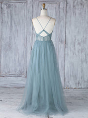 Simple Sweetheart Neck Tulle Lace Long Corset Prom Dresses, Gray Blue Corset Bridesmaid Dresses outfit, Bridal Dress