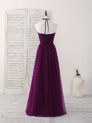 Simple Tulle A-Line Purple Long Corset Prom Dress, Corset Bridesmaid Dress outfit, Fall Wedding Color