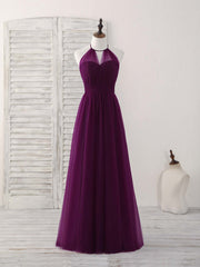 Simple Tulle A-Line Purple Long Corset Prom Dress, Corset Bridesmaid Dress outfit, Blue Bridesmaid Dress