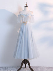 Simple Tulle Lace Gray Corset Prom Dresses, Tea Length Lace Corset Bridesmaid Dresses outfit, Fashion Dress