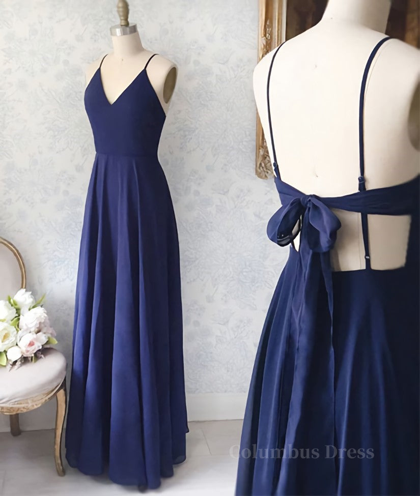 Simple v neck blue long Corset Prom dress, blue evening dress outfit, Evening Dress With Sleeves Uk