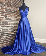 Simple V Neck Blue Satin Long Corset Prom Dress Blue Corset Formal Dress outfit, Homecoming Dresses Business Casual Outfits