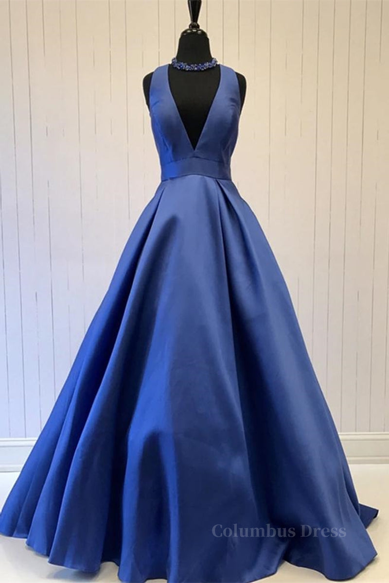 Simple V Neck Blue Satin Long Corset Prom Dress, V Neck Blue Corset Formal Dress, Blue Evening Dress outfit, Homecoming Dress Idea