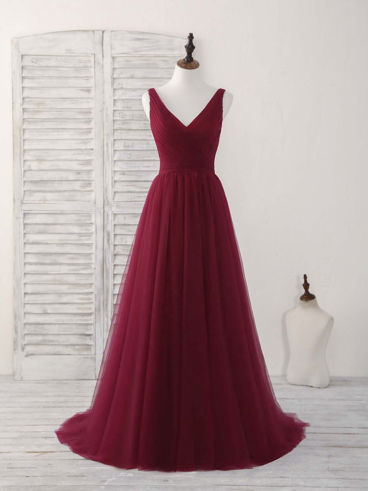 Simple V Neck Burgundy Tulle Long Corset Prom Dress Burgundy Evening Dress outfit, Bridesmaid Dresses Color Palette