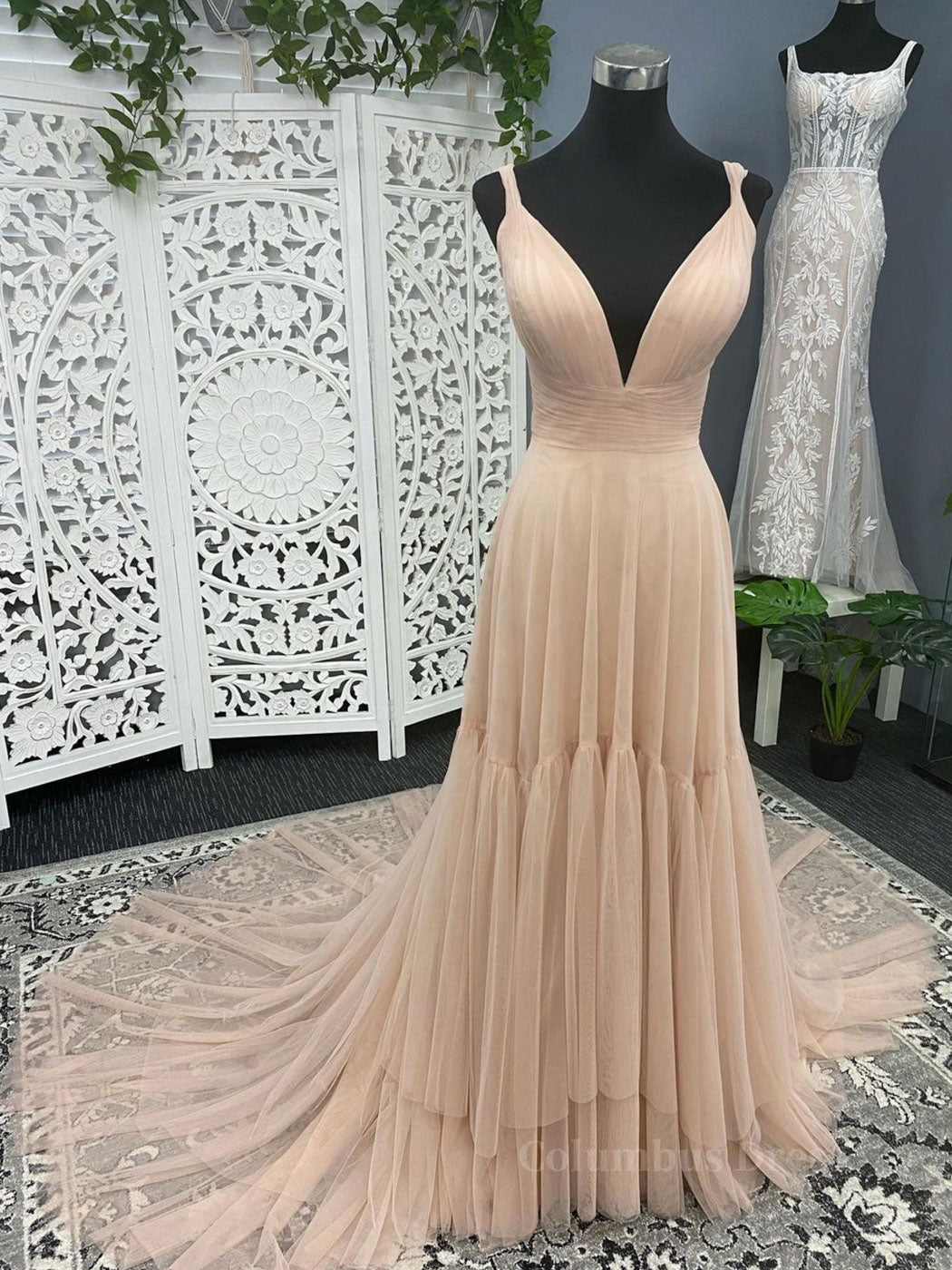Simple v neck champagne tulle long Corset Prom dress, champagne evening dress outfit, Prom Dresses Cute